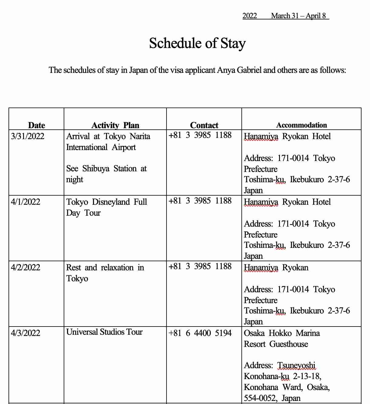 Japan Visa Schedule of Stay Sample (Daily Schedule Form)