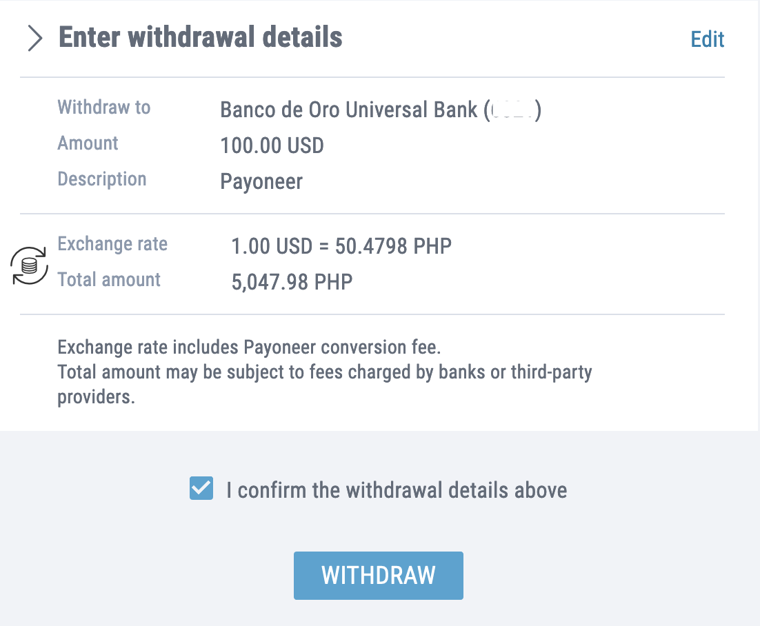 how to withdraw money from payoneer to bdo